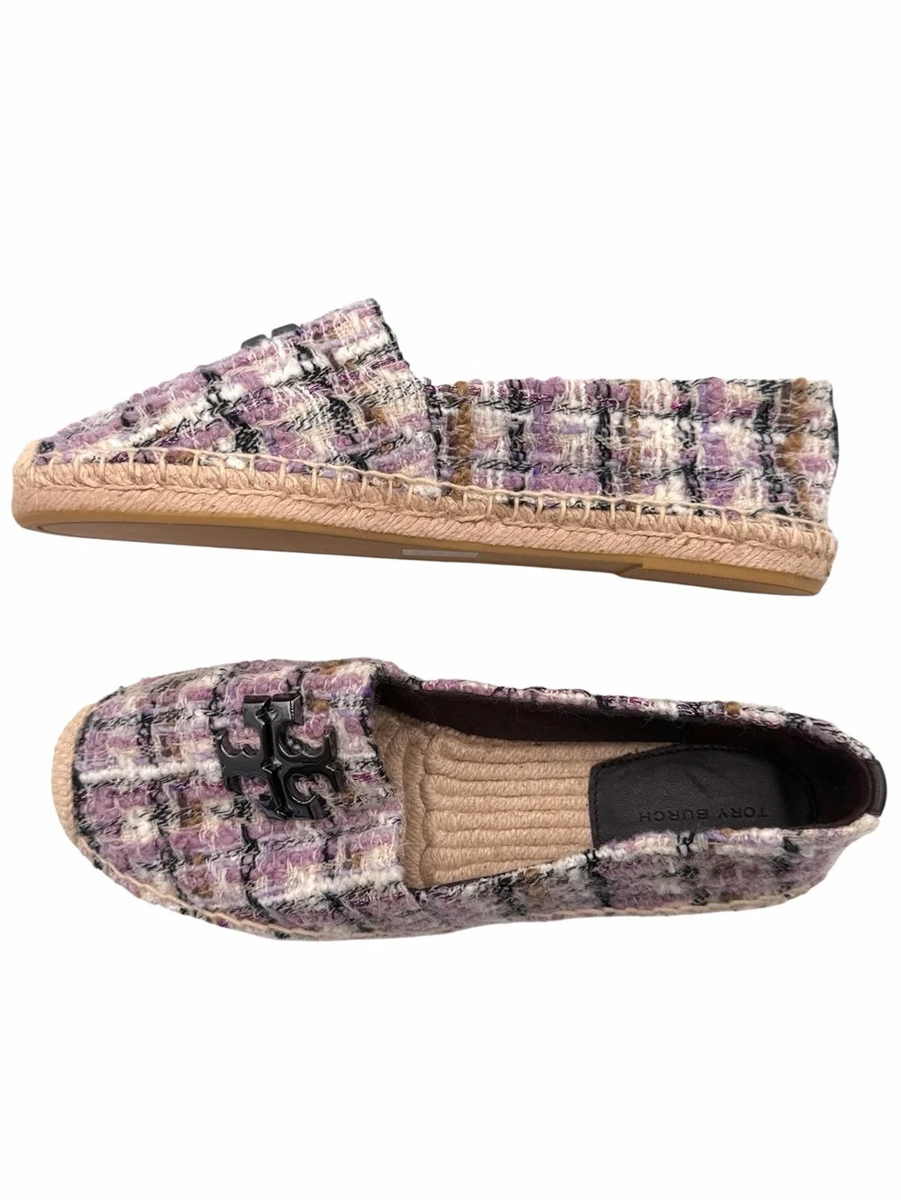 Tory Burch Everly Tweed Espadrille Slip-On Flats Double T Logo Size 8